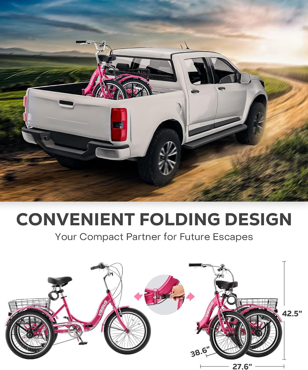VIRIBUS Folding Tricycle for Adults, 20 inch Foldable Adult Tricycle 1 or 7 Speed Speed with Basket, Folding 3 Wheel Bikes for Adults Senior Women Men, Collapsible Mini Trike, Three Wheeler 330lb.