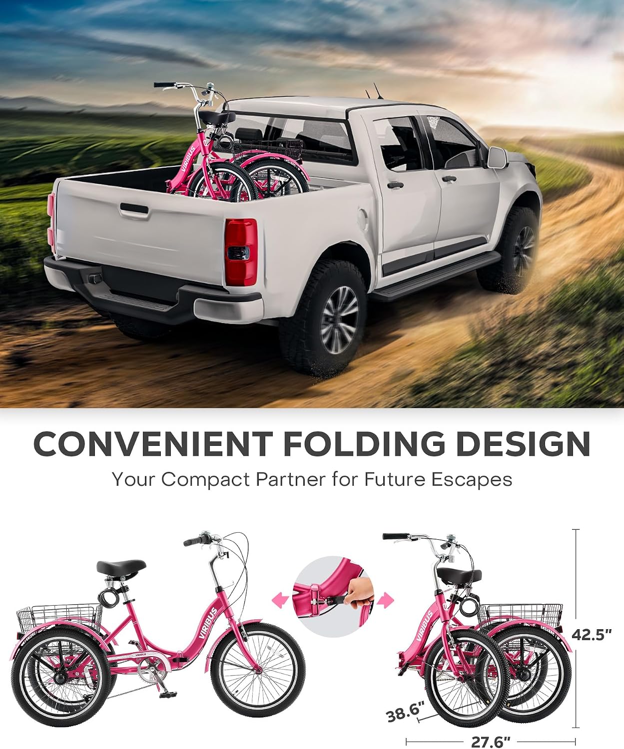 VIRIBUS Folding Tricycle for Adults, 20 inch Foldable Adult Tricycle 1 or 7 Speed Speed with Basket, Folding 3 Wheel Bikes for Adults Senior Women Men, Collapsible Mini Trike, Three Wheeler 330lb.