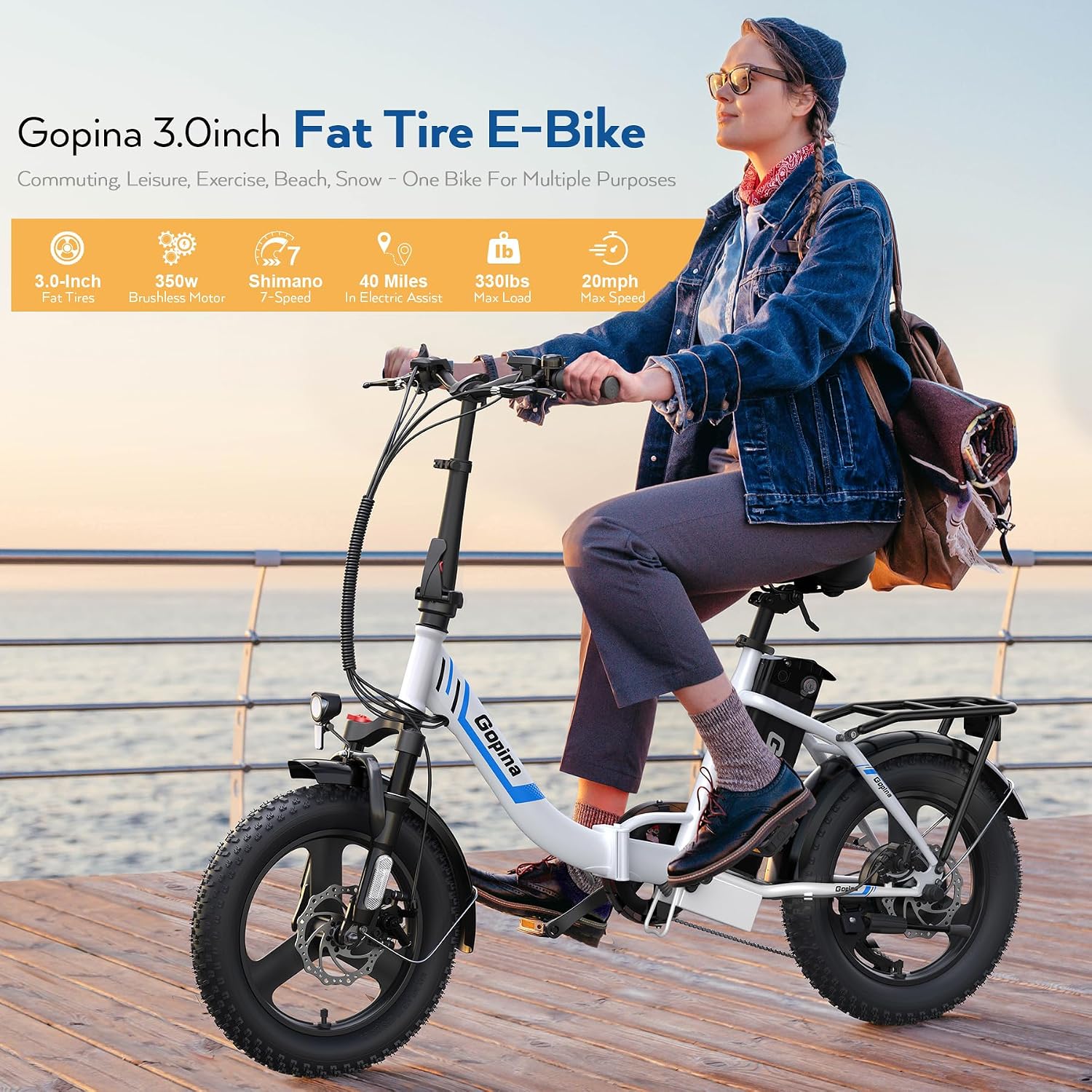 Vivi Gopina Electric Bike, 16' x 3.0 Fat Tire Electric Bike, Peak 500W Step Thru Electric Bicycle, 48V Removable Battery, Up to 40 Miles, LCD Display, 20mph, 7 Speed, SGS Certified to UL2849