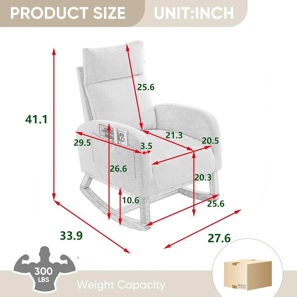 Nursery Rocking Chair Teddy Upholstered Accent Rocker Chair with High Backrest, Soft Rocker Glider Solid Rubber Wood Leg for Bedroom Living Room Nursing Room, Two Side Pocket, White Classic
