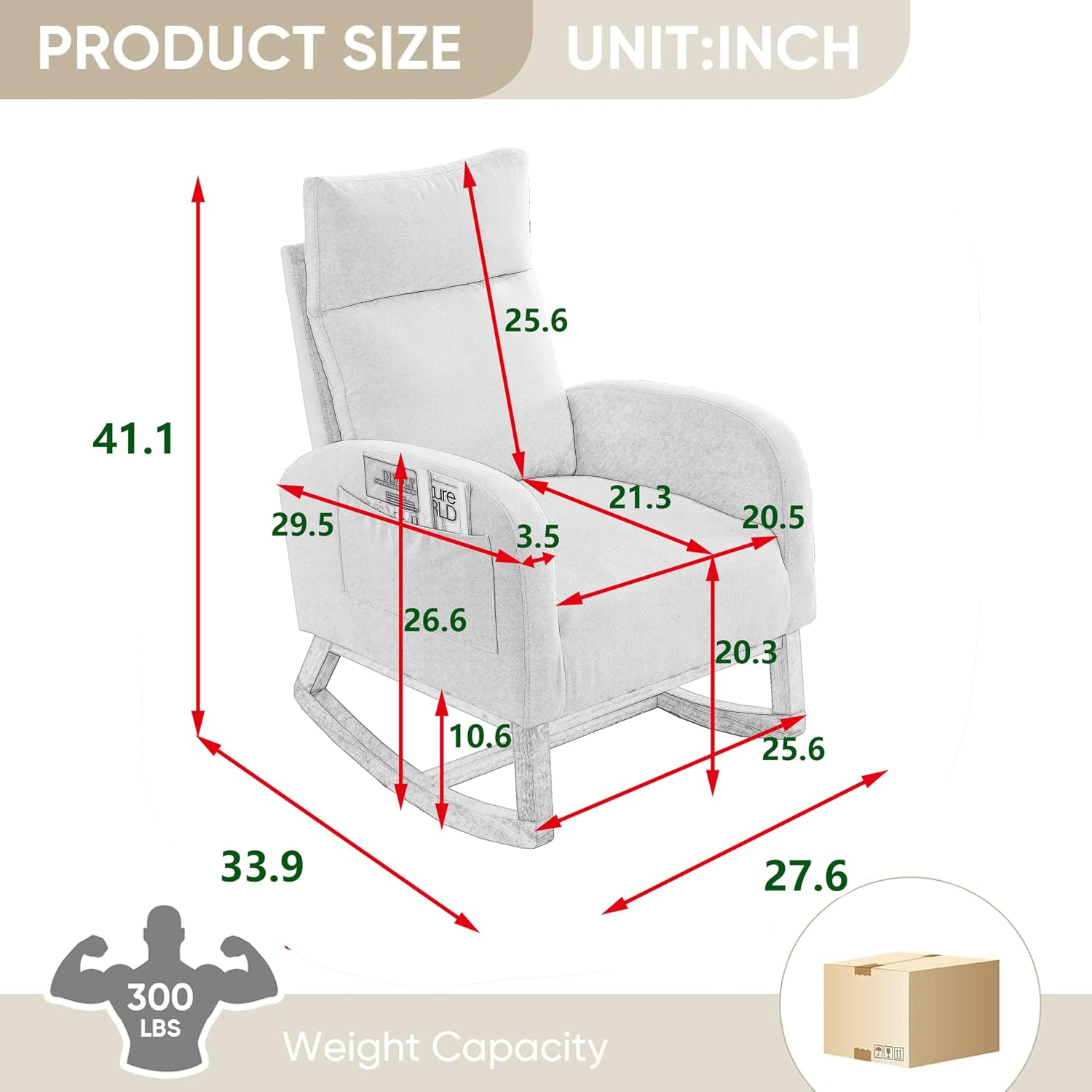 Nursery Rocking Chair Teddy Upholstered Accent Rocker Chair with High Backrest, Soft Rocker Glider Solid Rubber Wood Leg for Bedroom Living Room Nursing Room, Two Side Pocket, White Classic