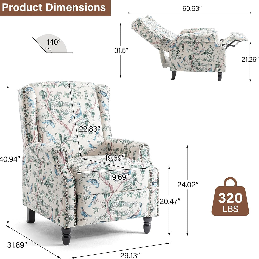Wingback Recliner Chair, Comfy Fabric Pushback Recliner Chair, Upholstered Armchair Push Back Recliner, Rivet Trim Single Sofa Accent Chair with Wood Legs for Living Room, Bird