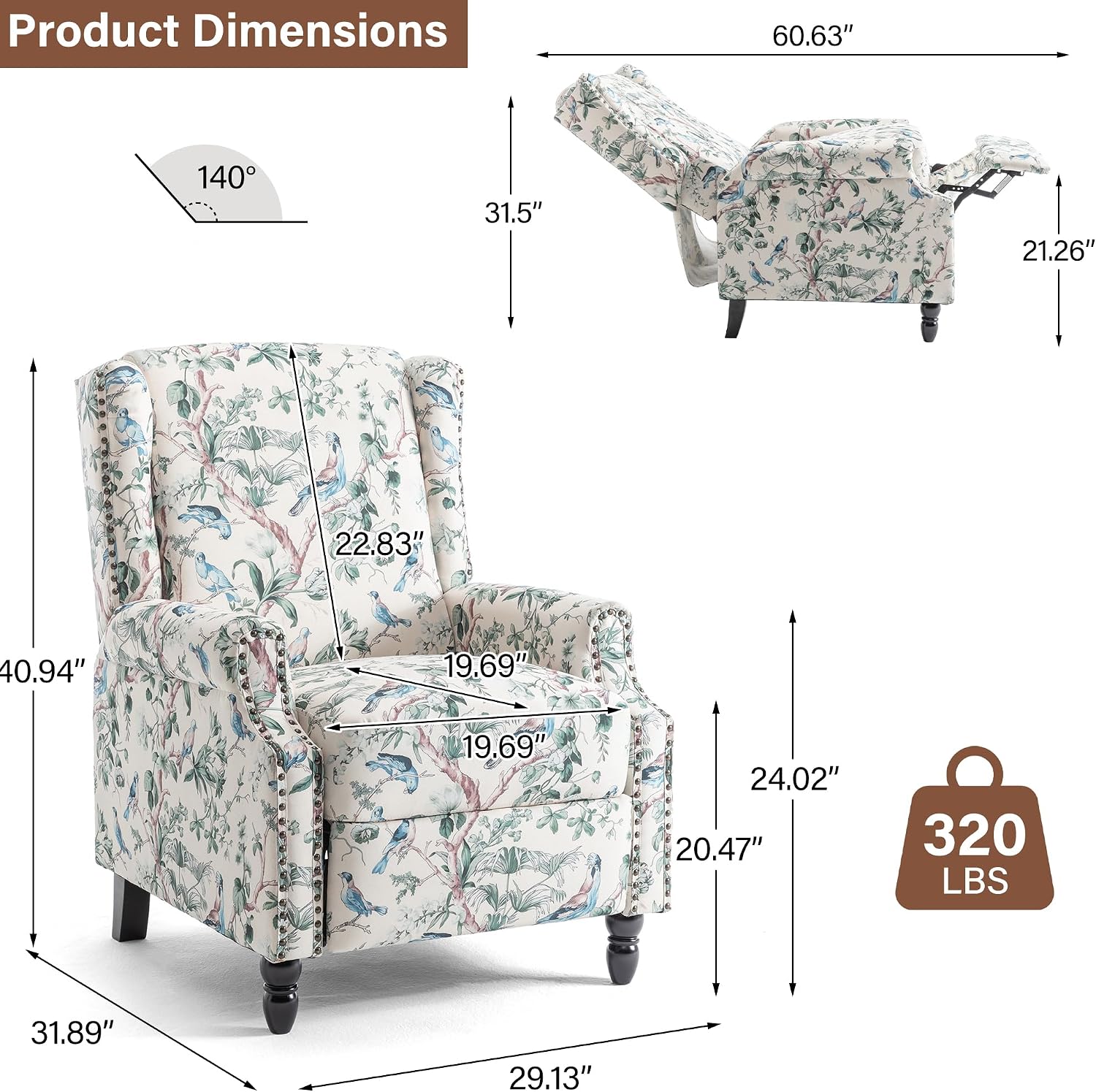 Wingback Recliner Chair, Comfy Fabric Pushback Recliner Chair, Upholstered Armchair Push Back Recliner, Rivet Trim Single Sofa Accent Chair with Wood Legs for Living Room, Bird