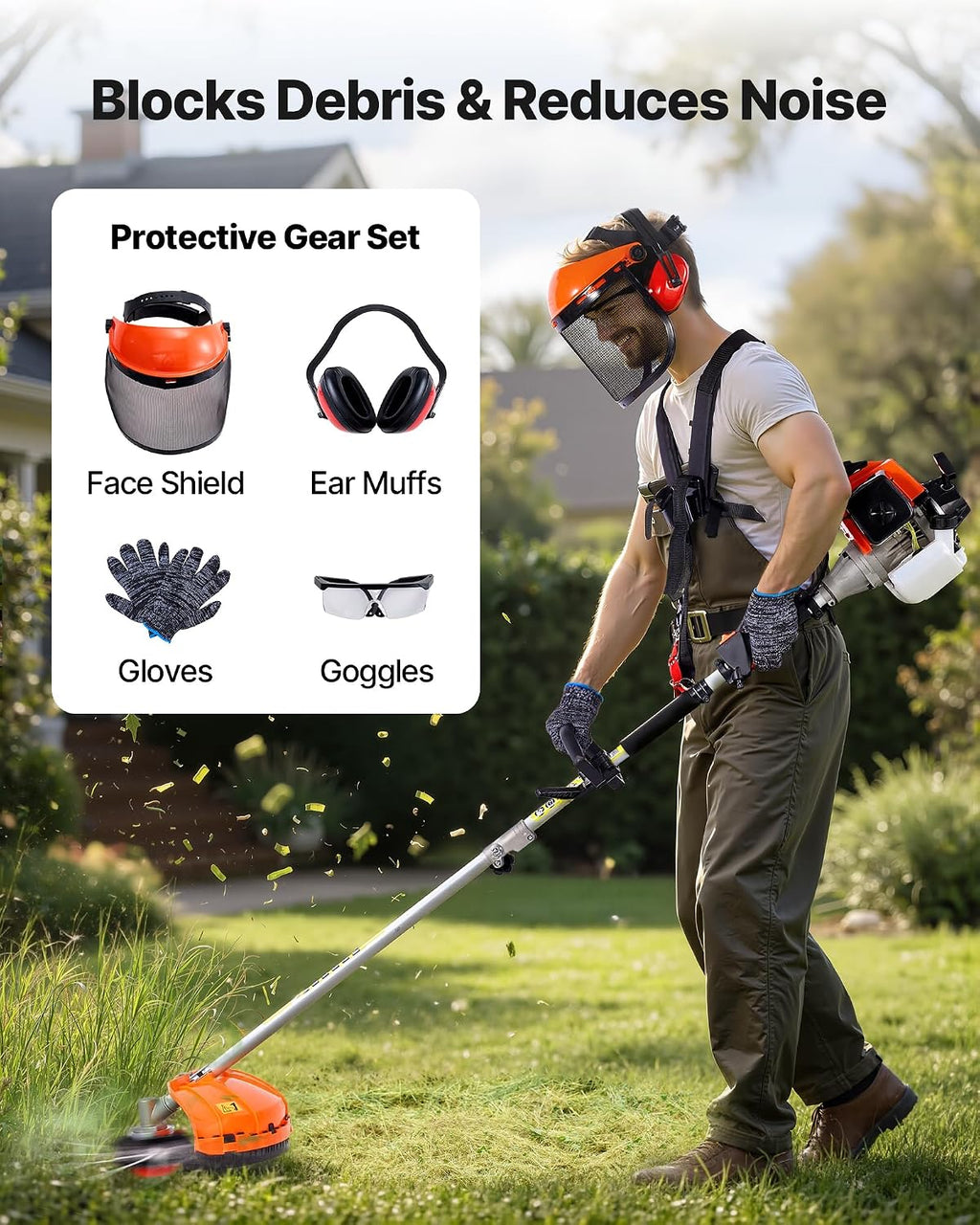 VEVOR Gas Hedge Trimmer, 2 Cycle Gas Power Handheld Hedge Trimmer, 5-in-1 63cc Cordless Weed Eater with Protective Gear Set, Includes Hedge and String Trimmer, Brush Cutter(3T & 40T Blades), Pole Saw