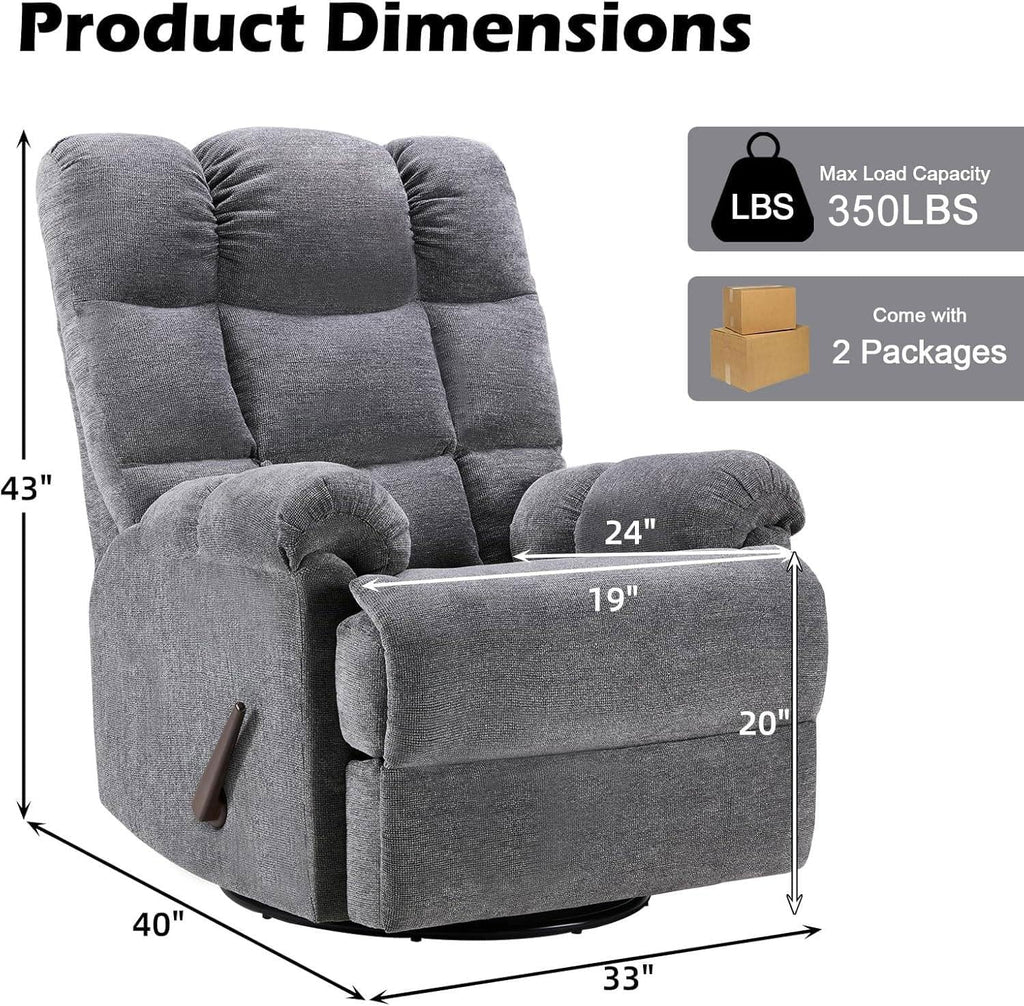 CANMOV Swivel Rocker Recliner for Adults,Glider Rocking Reclining Chair for Nursery,Manual Recliner Chair with Overstuffed Back and Arms for Living Room Bedroom Nursery,Grey