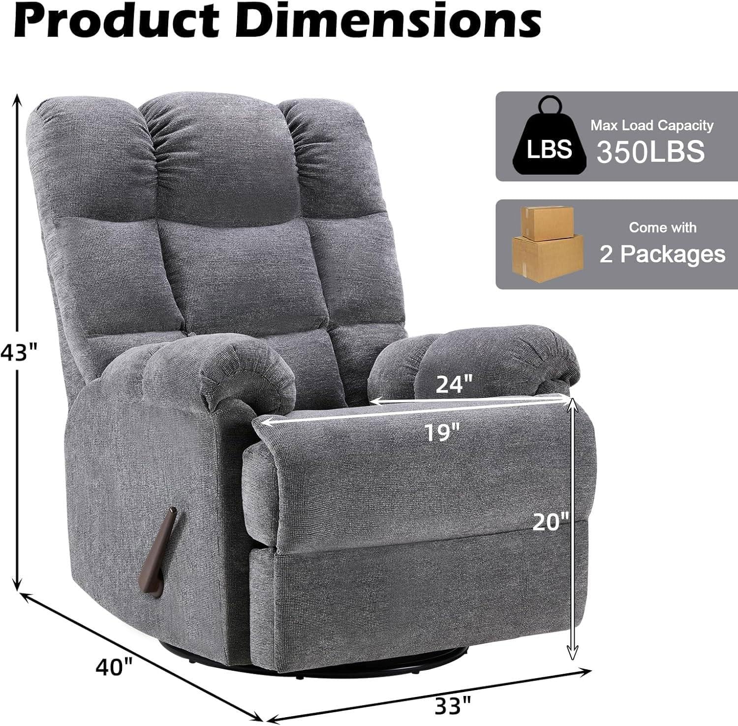 CANMOV Swivel Rocker Recliner for Adults,Glider Rocking Reclining Chair for Nursery,Manual Recliner Chair with Overstuffed Back and Arms for Living Room Bedroom Nursery,Grey