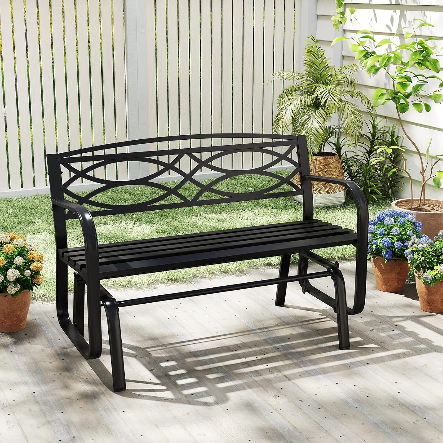 Tangkula 2-Person Outdoor Glider Bench, Patio Rocking Loveseat Chair with Metal Frame, Armrests, Geometric Backrest and Slatted Seat for Porch, Garden, Deck and Backyard