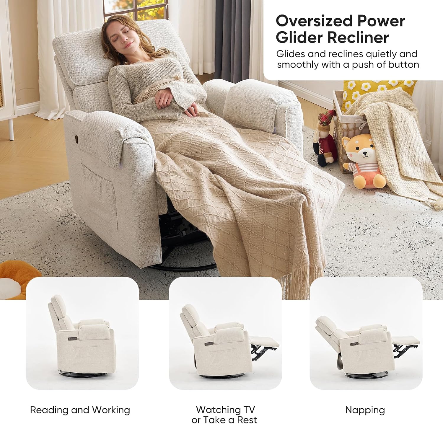 24' Extra Wide Swivel Rocker Recliner Chair with Adjustable Headrest, Oversized Power Rocker Recliner with Overstuffed Armrest, Chenille Rocking Chair Nursery with USB Ports, White