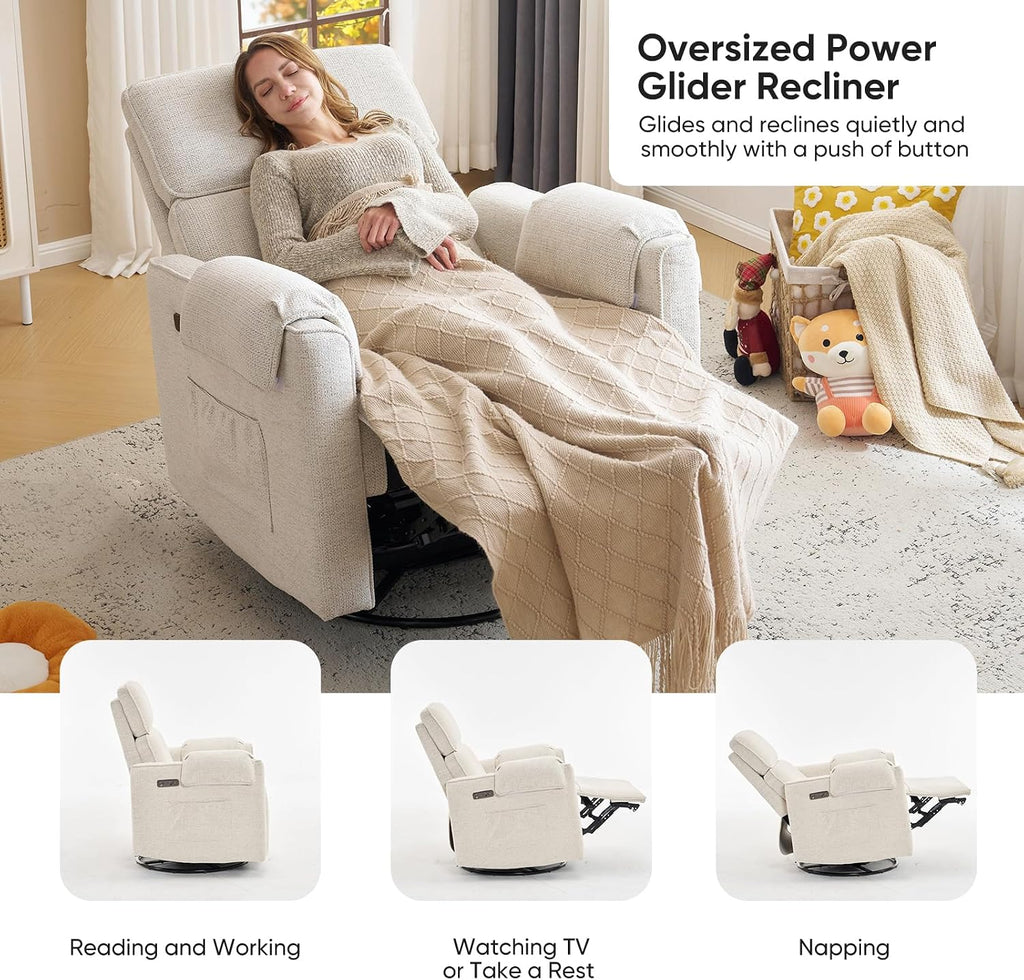 Oversized Power Recliner Chair, 26' Extra Wide Swivel Rocker Recliner with Adjustable Headrest, Chenille Glider Rocking Nursery Chair with Overstuffed Armrest, USB Ports, White