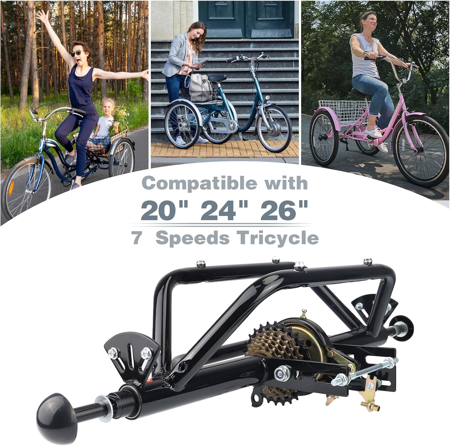 WEEROCK 20' 24' 26' Tricycle Rear Axle Tricycle Conversion Kit Single Speed/ 7 Speeds for 20 24 26 Inch Adult Tricycle, Trike, 3 Wheel Bikes，Black