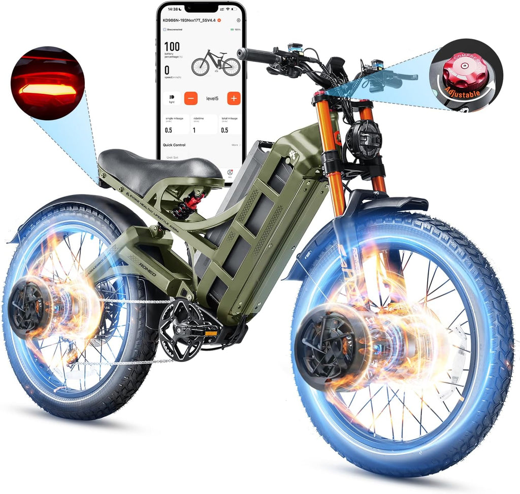 eAhora 2026 Romeo Pro 3 5600W 50Mph High-Torque Ebike, 60V 80Ah 250-Mile Long Range Electric Bike for Adults, Adjustable Air Suspension, 26'' Puncture-Proof Tire, UL 2849 Certified by TÜV