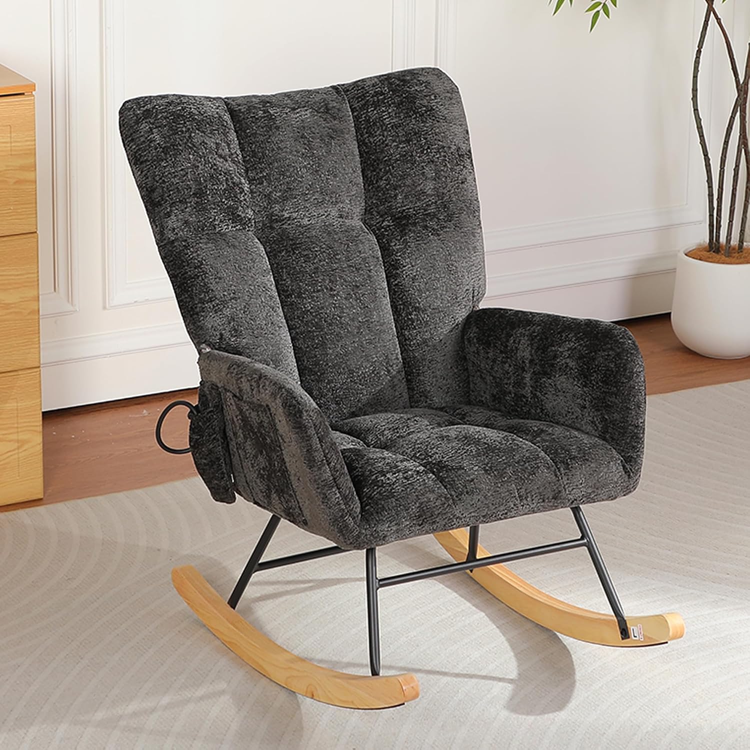 Rocking Chair Nursery with Airbag, Nursery Rocking Reading Chair Indoor, Cozy Upholstered Glider Rocker Chairs with High Backrest for Living Room Bedroom Offices(Chenille, Black)