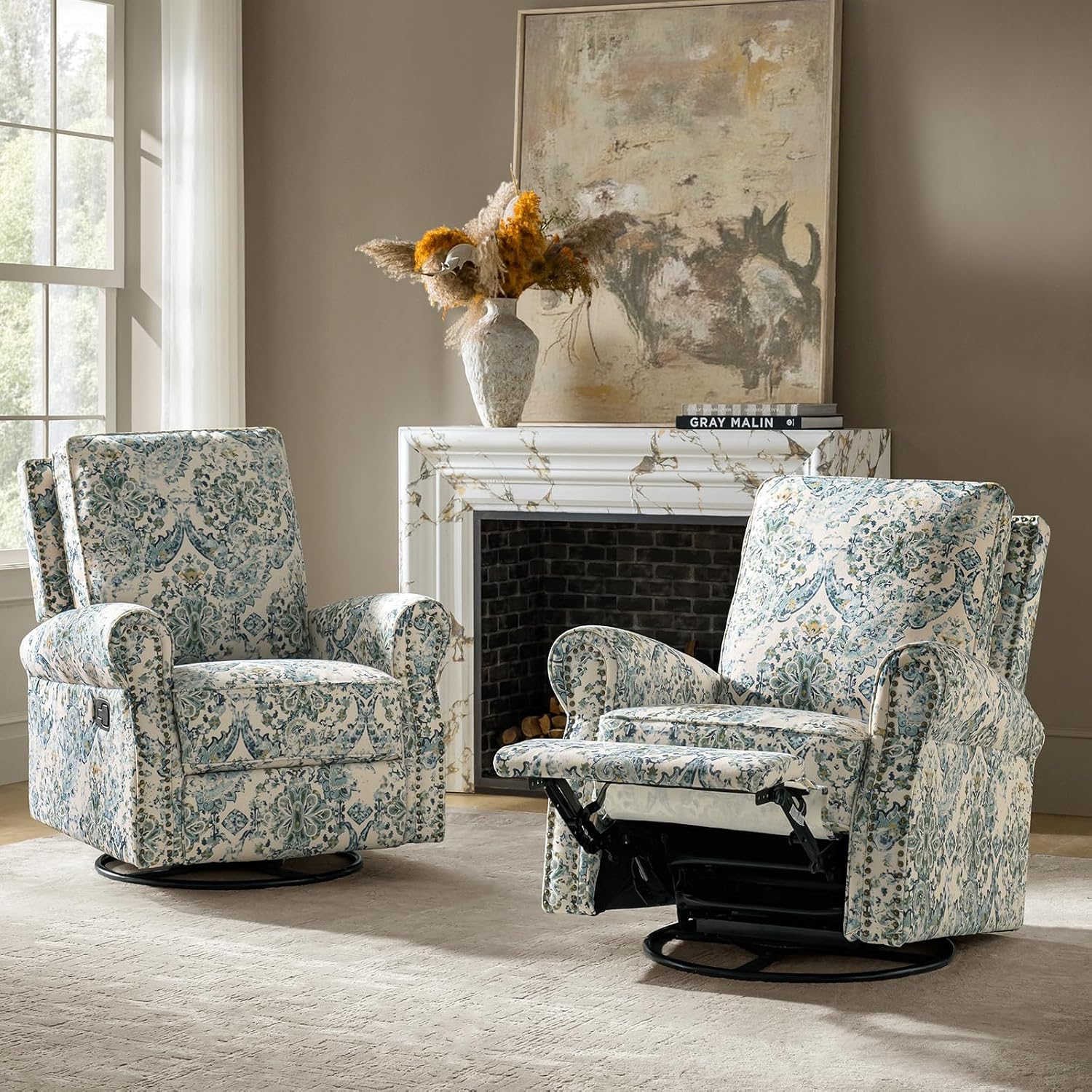 HULALA Home Rocker Recliner Set of 2, Modern Printed Fabric Swivel Glider with Adjustable Backrest & Footrest, Blue
