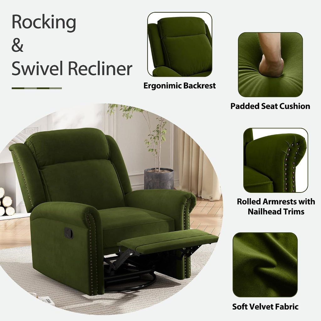 JIVOIT 360° Swivel Recliner Chair with Adjustable Backrest, Manual Rocking Recliner Home Theater Manual Recliner Chair with Metal Base and Velvet Fabric for Living Room (Green, 2)