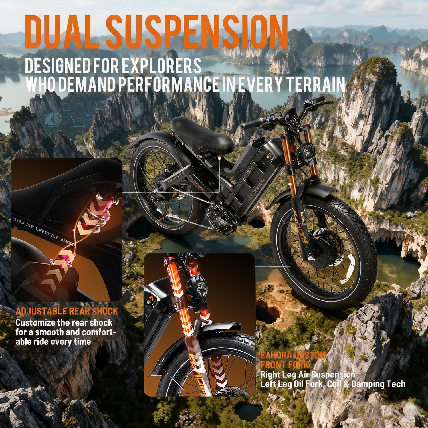 2026 eAhora Romeo Dual-Motor Ebike - 50Mph 5600W 60-80AH 250Miles Long Range Electric Bike for Adults, Full Suspension Hydraulic Brakes Electric Bicycle, 26' Mountain Bike for Off-Road Commuting