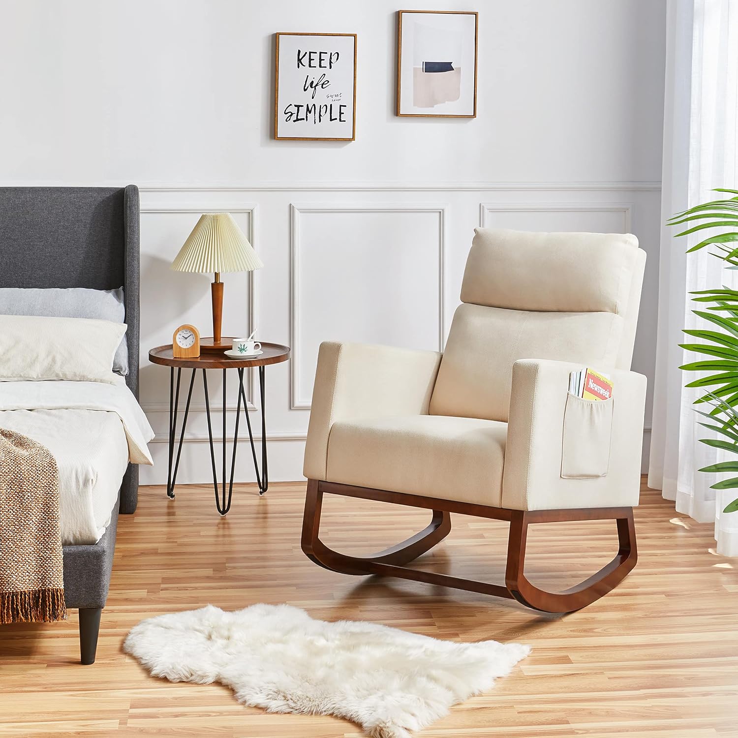 Yaheetech Rocking Chair Nursery Upholstered Glider Chair with Rubber Wood Legs Side Pocket, Rocking Accent Armchair High Back for Living Room Bedroom, Beige, 2pcs