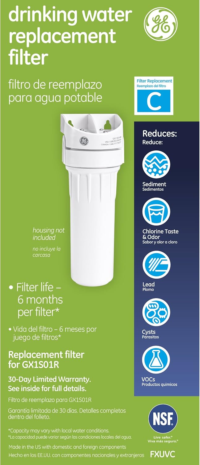 GE Premium Single Stage Drinking Water System Replacement Filter, Fits GX1S01R Under Sink Filtration System, Replace Every 6 Months, FXUVC | (Pack of 3)