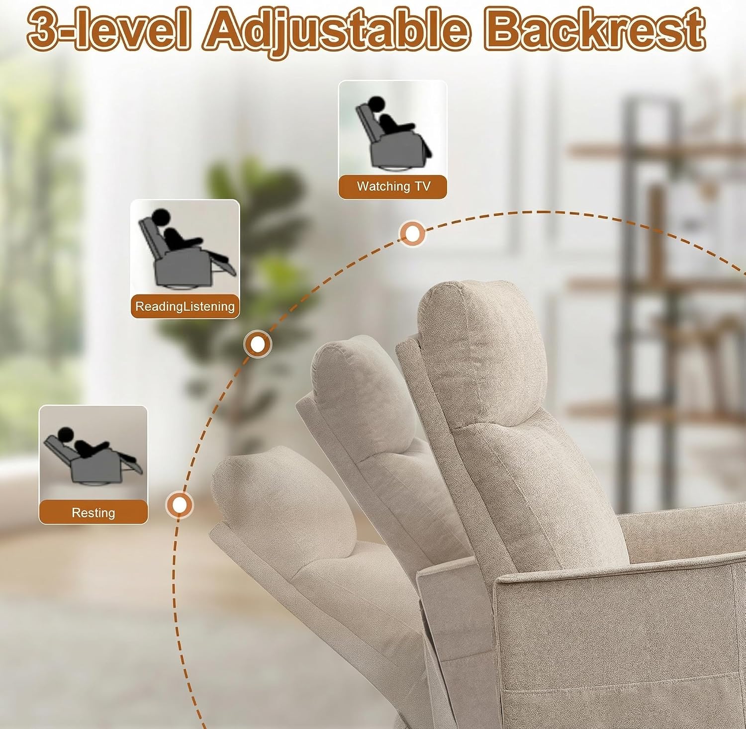 Manual 360° Swivel Rocker Recliner Chair for Adults, Overstuffed Glider Chair for Nursery with Vibration Massage and Heat, Comfy Soft Fabric Glider with Side Pockets for Living Room, Khaki