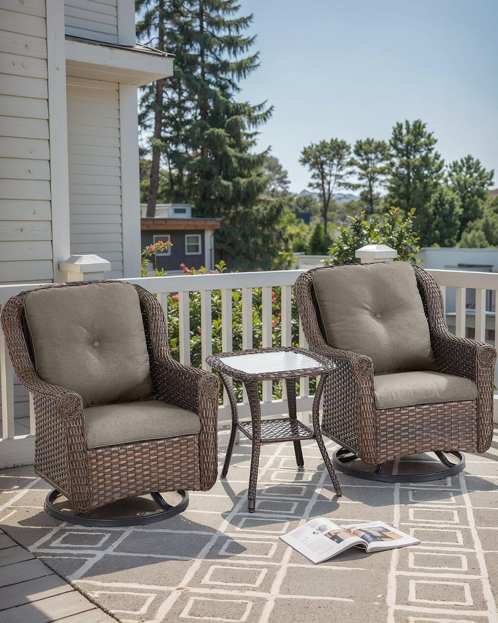 Patio Chairs Outdoor Swivel Glider - Set of 2 High Back Outside Brown Wicker Rattan Rocking Chair with Zippered Cushion for Porch Apartment Deck Yard Poolside Garden - Grey
