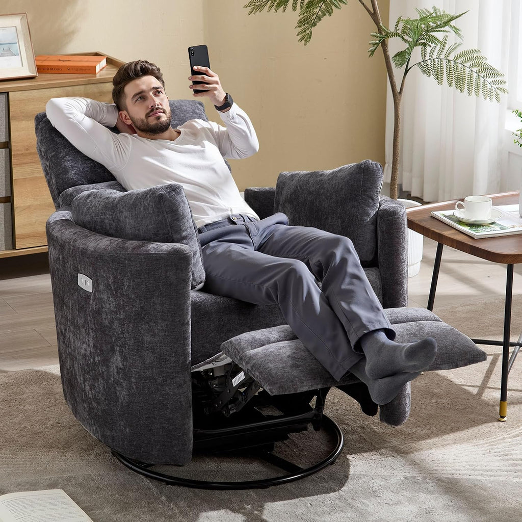 Power Recliner,Nursery Swivel Rocking Glider Chair with USB Port,Electric Upholstered Adult Recliner Rocking Chair with 2 Pillows for Living Room Bedroom (Drak Grey, Power-Driven)
