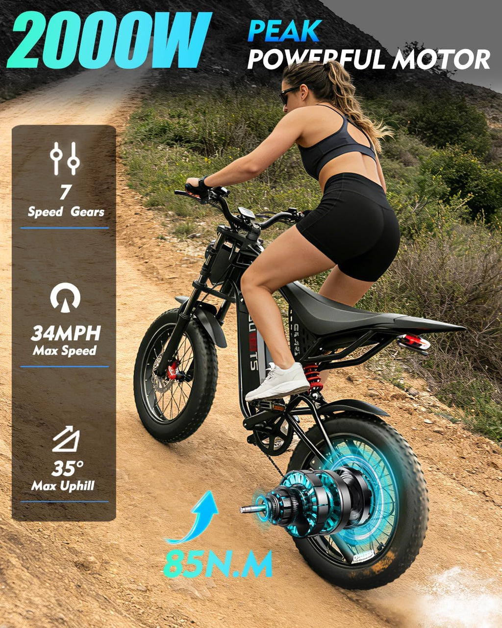 Rakowe Electric Bike for Adults, 2000W Peak Motor, 20' Fat Tire Electric Dirt Bike, 48V Removable Battery, Up to 34MPH & 80 Miles, Hydraulic Disc Brakes, Full Suspension, 7-Speed Ebike