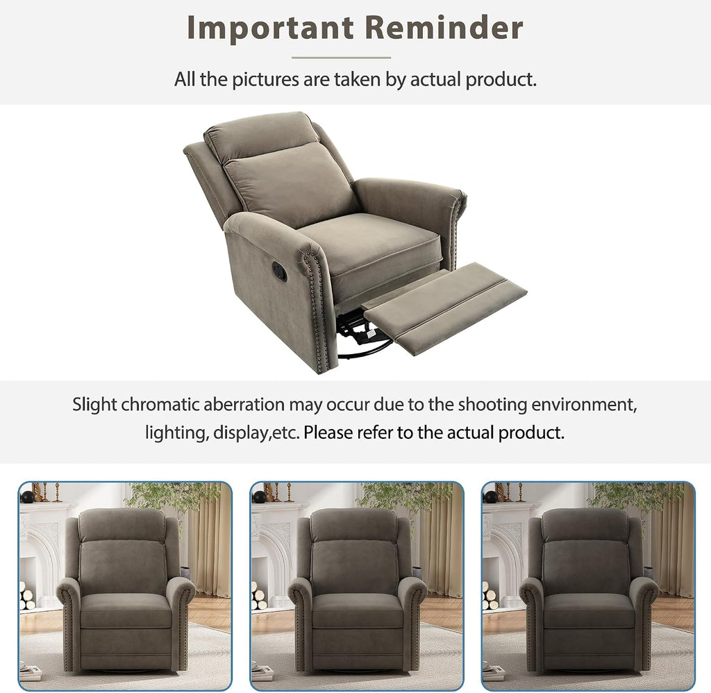 JIVOIT 360° Swivel Recliner Chair with Adjustable Backrest, Manual Rocking Recliner Home Theater Manual Recliner Chair with Metal Base and Velvet Fabric for Living Room (Light Brown, 2)