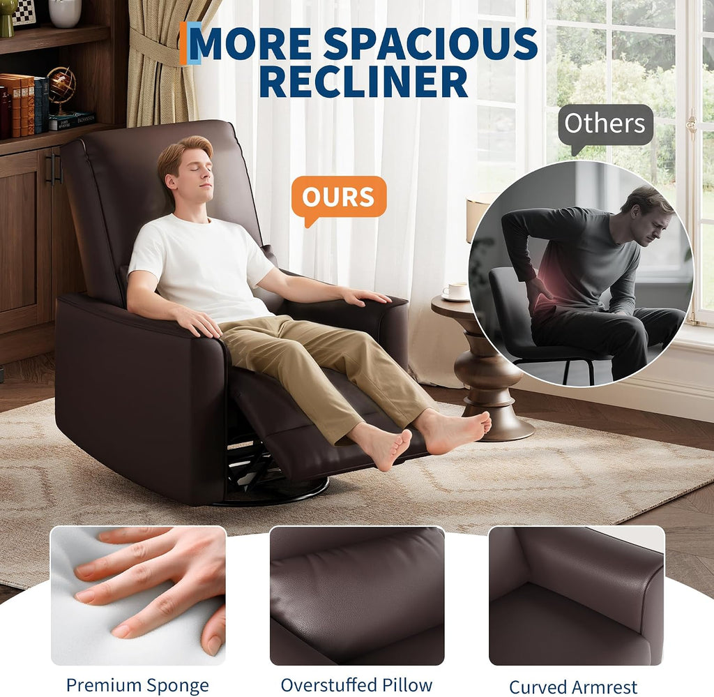 GarveeHome Recliner Chair, 360° Swivel Rocker Glider Nursery Chair with Padded Armrest and Deep Seat, PU Leather Upholstered Reclining Sofa Chair for Living Room, Bedroom and Nursery (Dark Brown)