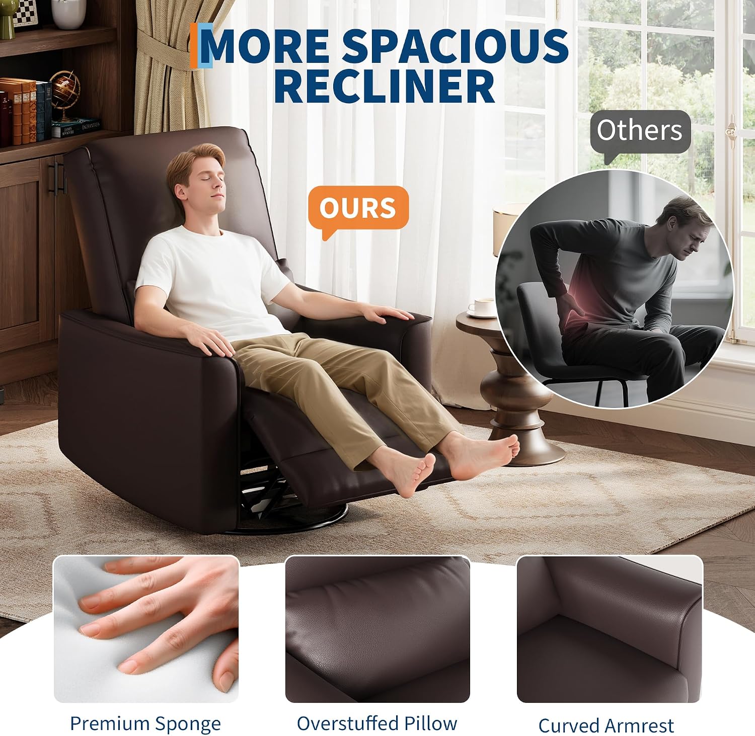 GarveeHome Recliner Chair, 360° Swivel Rocker Glider Nursery Chair with Padded Armrest and Deep Seat, PU Leather Upholstered Reclining Sofa Chair for Living Room, Bedroom and Nursery (Dark Brown)
