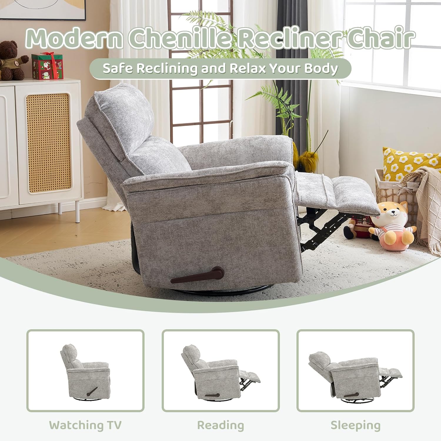 Oversized Swivel Rocker Recliner with Adjustable Headrest, Rocking Chair Nursery with Overstuffed Armrest, Manual Rocker Recliner Nursery Chair for Living Room,Light Grey