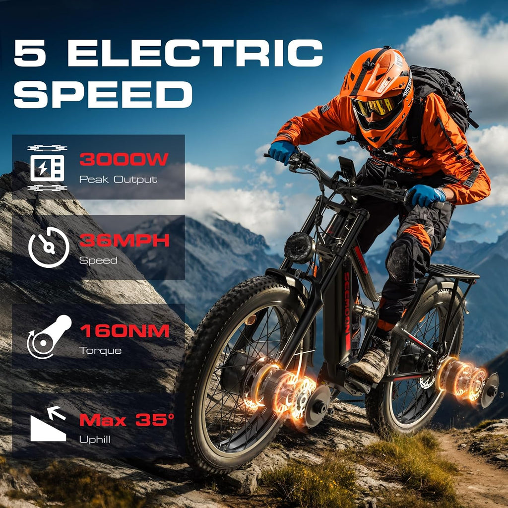 Seemoon Electric Bike for Adults, 52V 20Ah 26' Fat Tire Fast Ebike, up to 100 Miles, Hydraulic Brakes, Off-Road Mountain Hunting AWD Ebike for Men (Black)