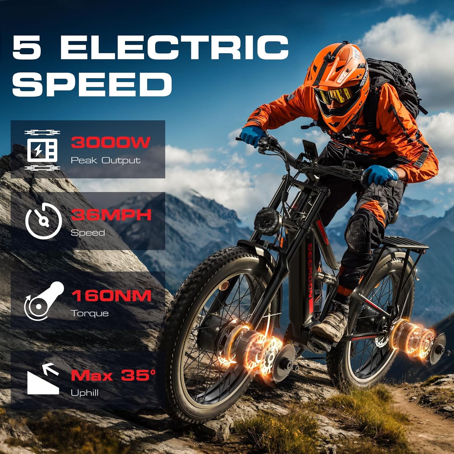 Seemoon Electric Bike for Adults, 52V 20Ah 26' Fat Tire Fast Ebike, up to 100 Miles, Hydraulic Brakes, Off-Road Mountain Hunting AWD Ebike for Men (Black)