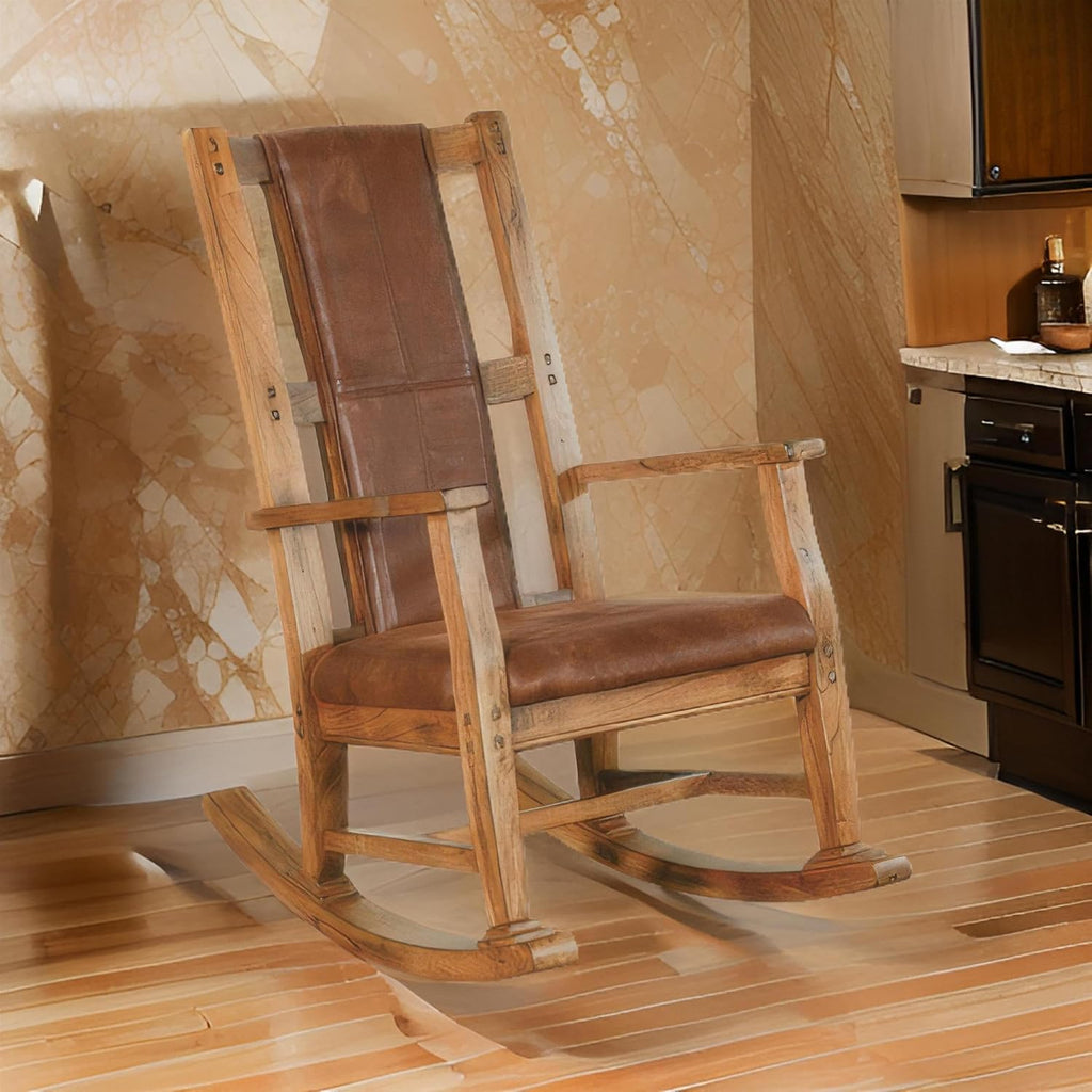 Benzara Marv Rocking Chair with Faux Leather Seat and Back- Rustic Oak Brown