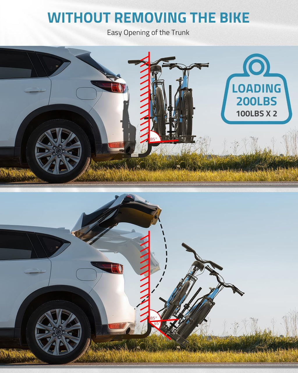 PAULINN Ebike Rack for Tow Hitch, Heavy Duty 2 Bike Folding Bicycle Car SUV Racks for E Bike,Fat Tire and Standard, 2' Hitch Receiver, 200 LBS