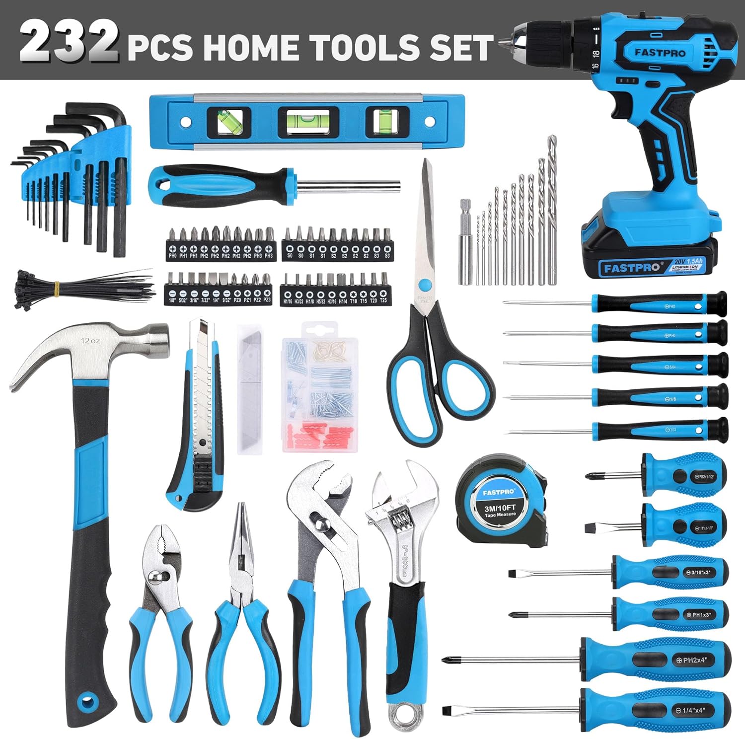 FASTPRO 232-Piece Home Tool Set with Drill, 20V Cordless Drill Driver, Household Repairing Tool Kit with Drill, 12-Inch Wide Mouth Storage Tool Bag Included, Blue