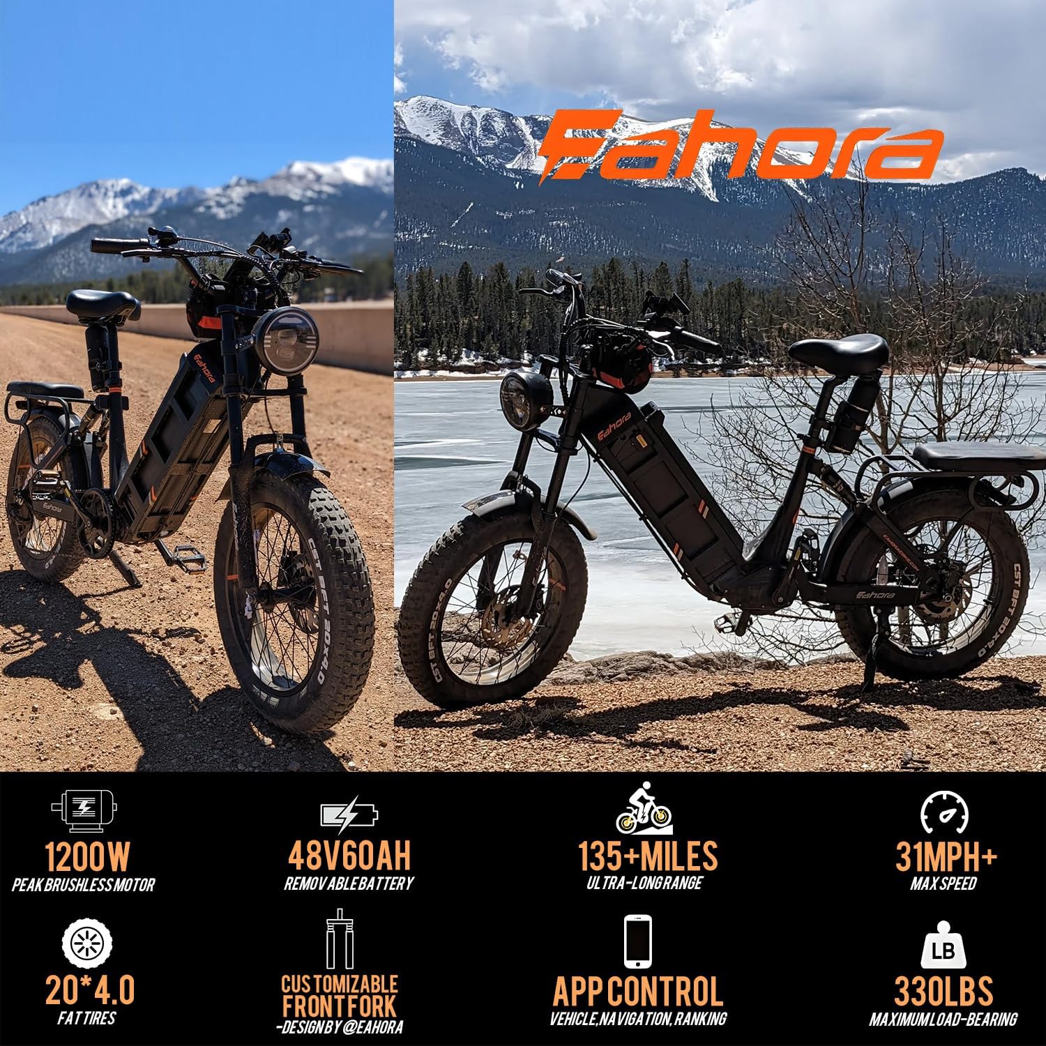 eAhora Juliet Pro II Electric Bike for Adults Peak 5200W Dual Motor Electric Bike Up to 43MPH, 70AH/60AH 220+Miles Long Range Ebike, 20' Fat Tire Full Suspension Electric Bicycle for Commute