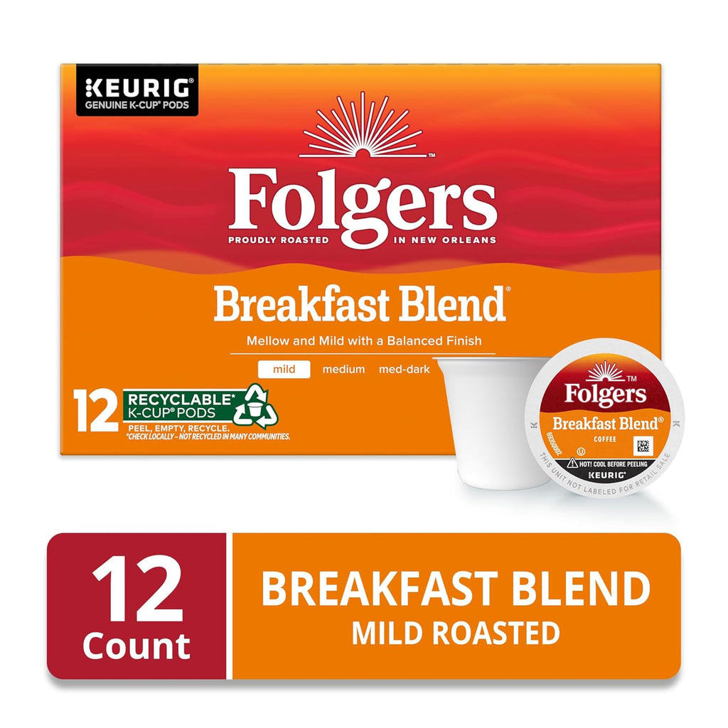 Folgers Breakfast Blend Mild Roast Coffee, 12 Keurig K-Cup Pods (Pack of 2)