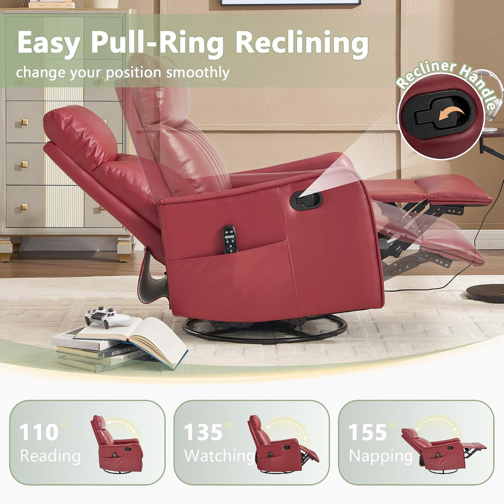 cinkehome Heated Massage Swivel Rocker Recliner Chair for Nursery - Small Space Reclining Chair with Lumbar Support, 360° Swivel & Gentle Rocking, Ergonomic High Back Faux Leather Red