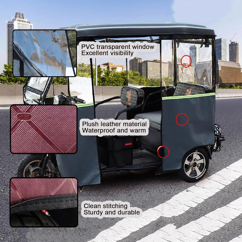 Trike Motorcycle Cover, Leather PVC Transparent Rainproof Tarpaulin, 3 Wheel Cargo Trike Windshield Frame Canopy, Warmth Windproof Electric Tricycle Cover for All(Gray,150x70cm)
