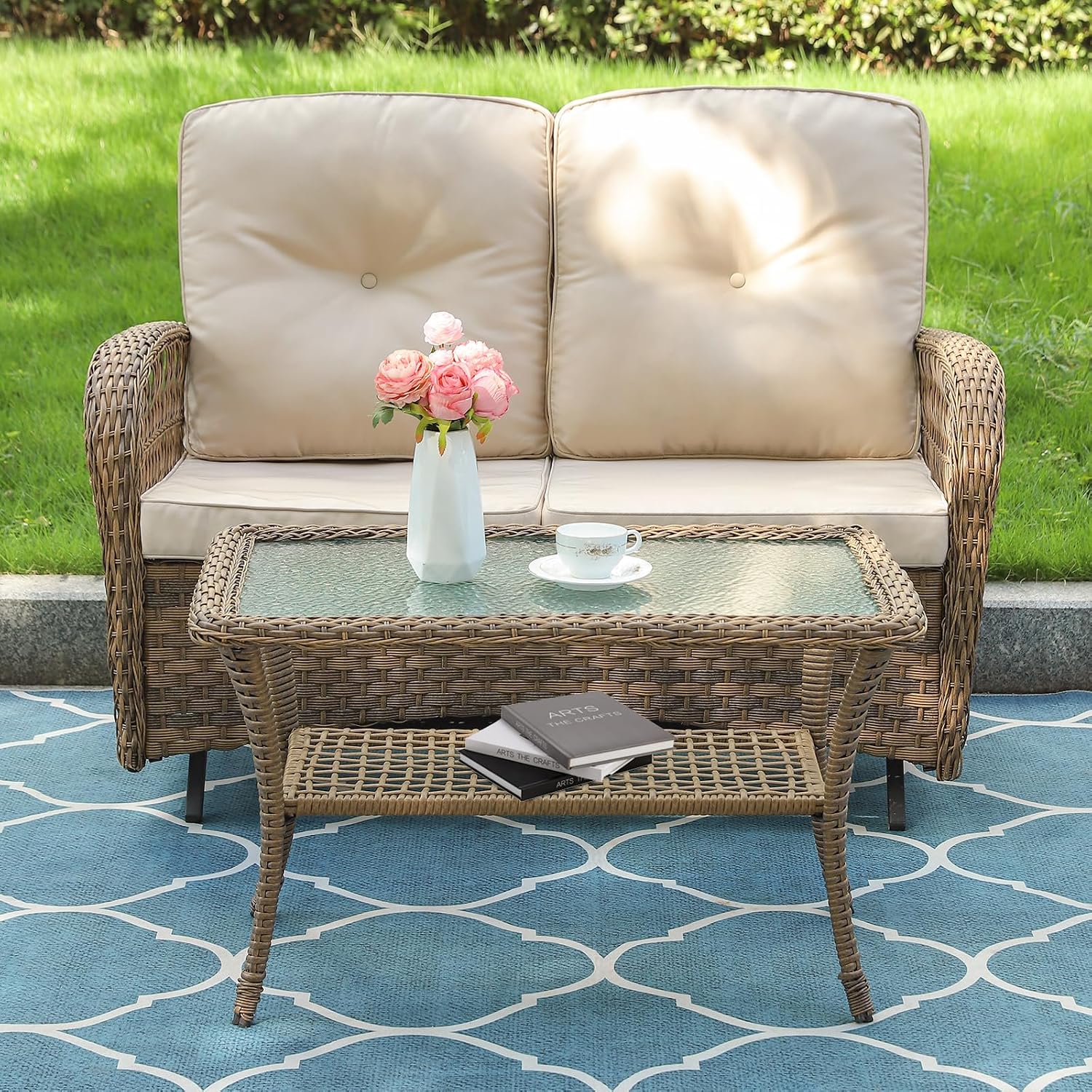 VIVIJASON 2-Piece Patio Wicker Loveseat Glider Set Cushioned, Outdoor Conversation Furniture Sets with 2-Seater Glider Rocking Bench, Coffee Table and Cushions for Porch Garden Poolside, Light Brown