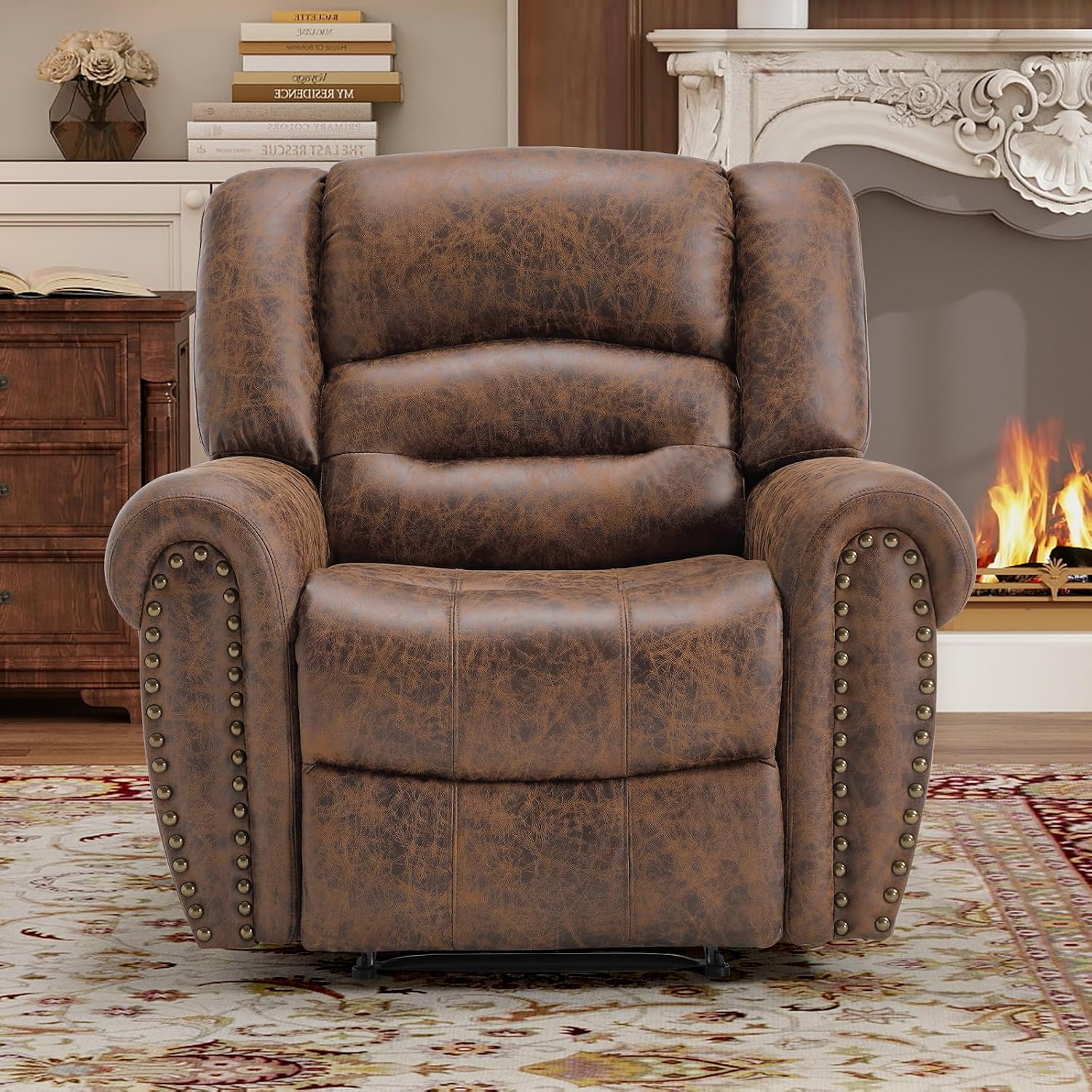 Bonzy Home Power Recliner Chair, Soft Faux Leather Recliner Chair with Thickened Padding and USB&Type-C Charging Ports, Classic Heavy Duty Single Reclining Sofa for Living Room, Nut Brown