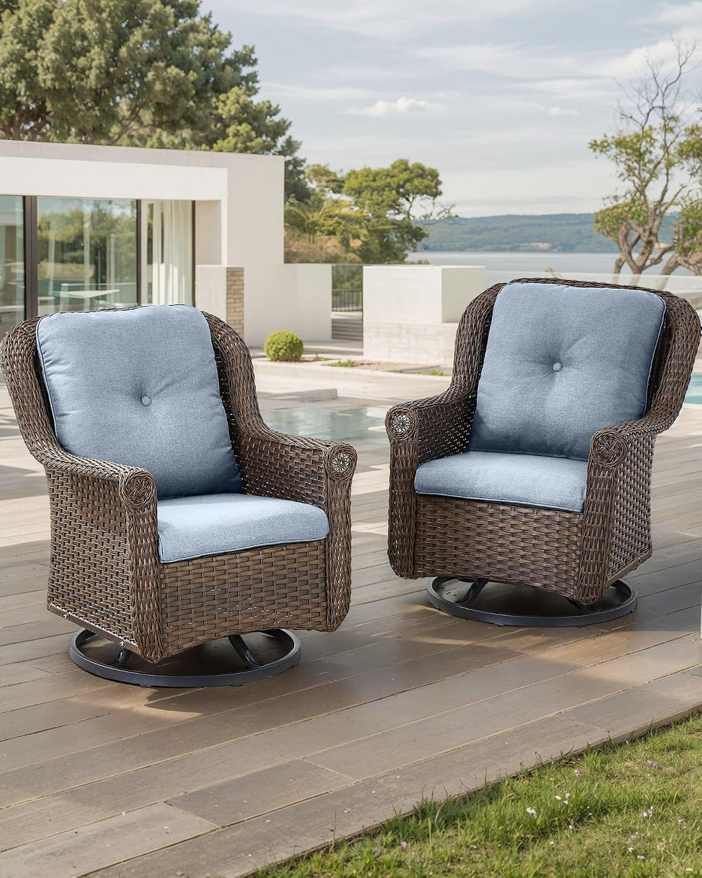 Patio Chairs Outdoor Swivel Glider - Set of 2 High Back Outside Brown Wicker Rattan Rocking Chair with Thick Cushion for Porch Apartment Deck Yard Poolside Garden - Baby Blue