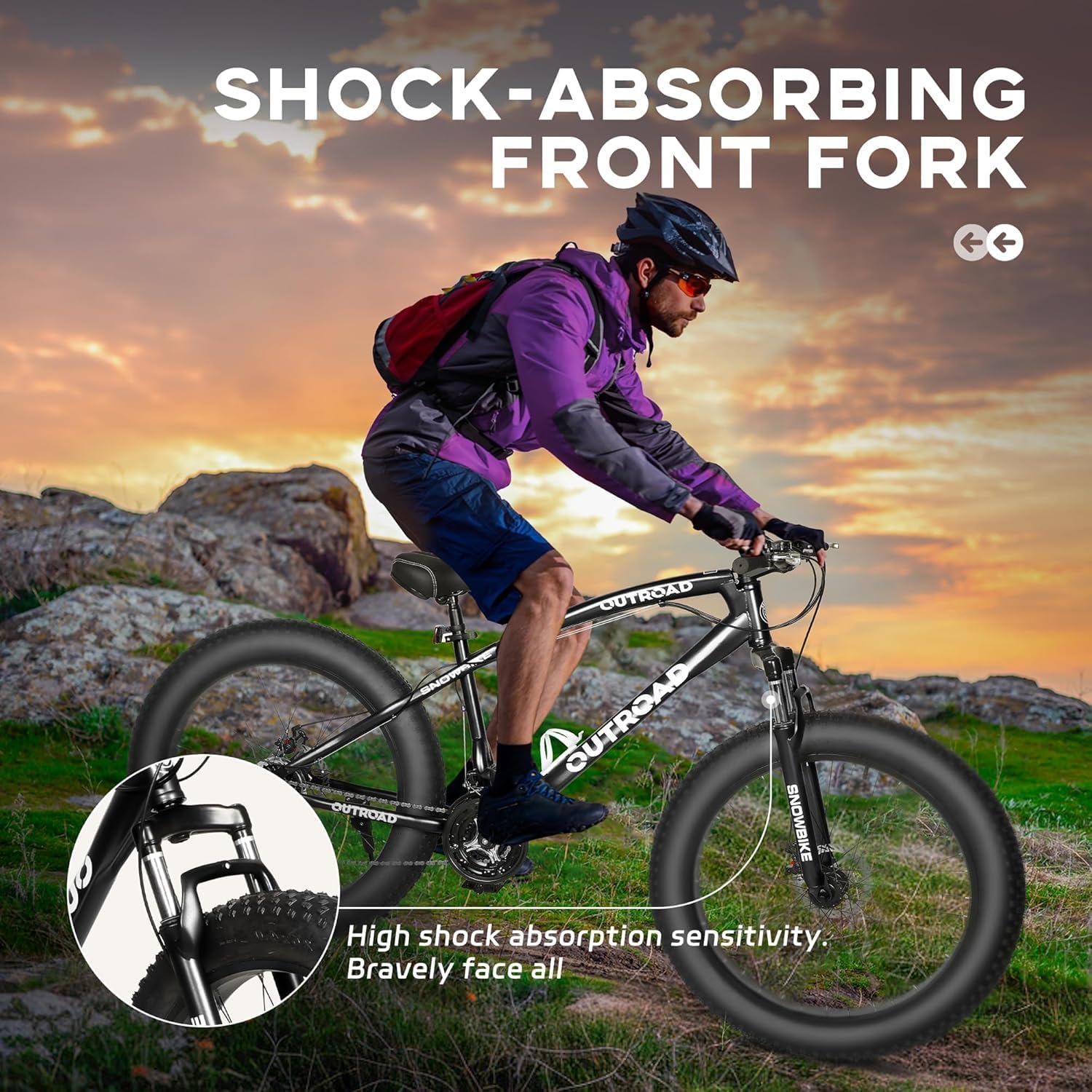 Betterland Outdoor 26 Inch Wheels Fat Tire Mountain Bike, 21-Speed Bicycle with Dual Front Suspension, High Carbon Steel Frame with Double Disc Brake and Anti-Slip Bicycle for Adults
