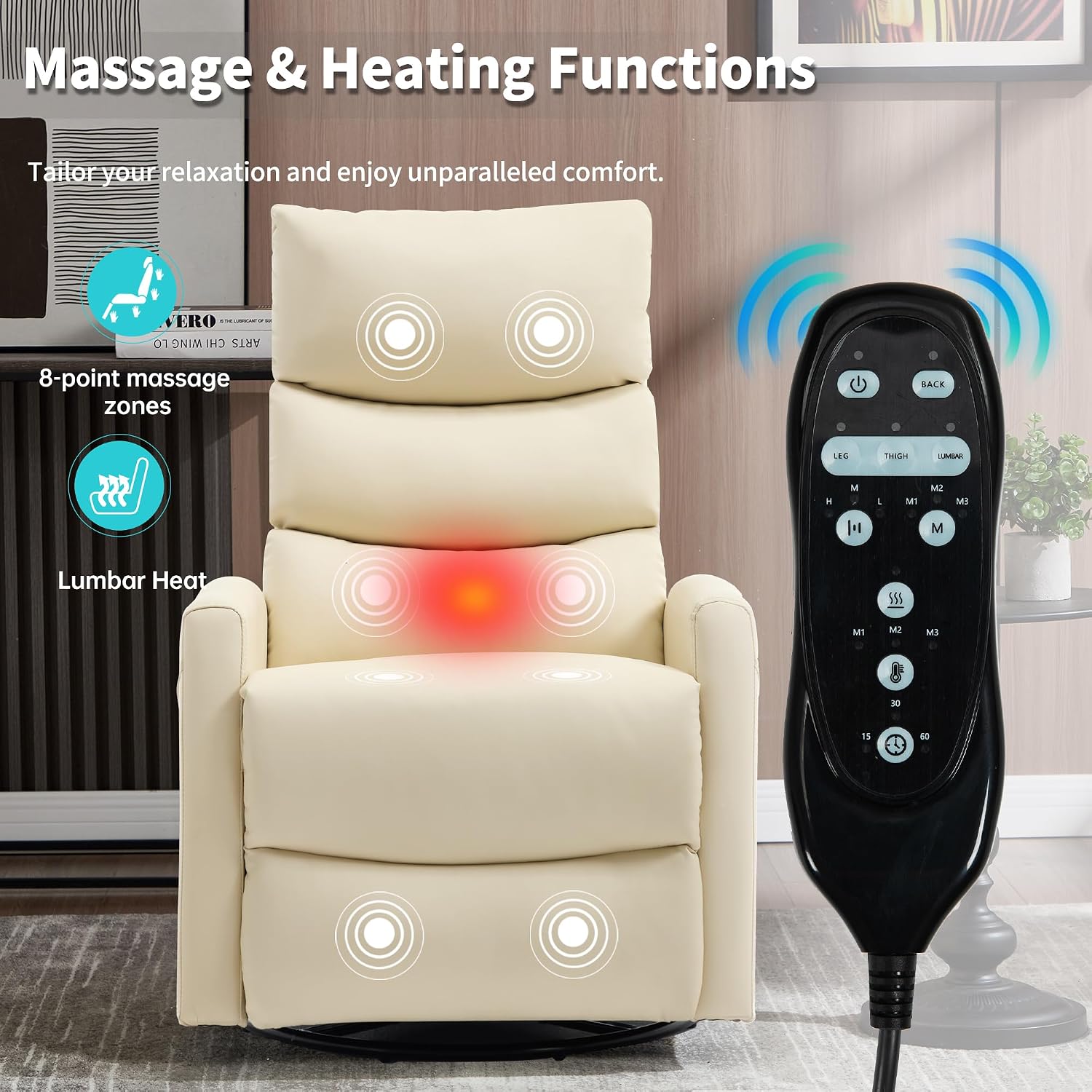 PELUMY 360° Swivel Rocker Recliner with Heat & Vibration Massage, Glider Rocking Chair for Adults, Compact Recliner for Living Room, Small Spaces, Nursery, Bedroom (Breathable Leather, Creamy Beige)