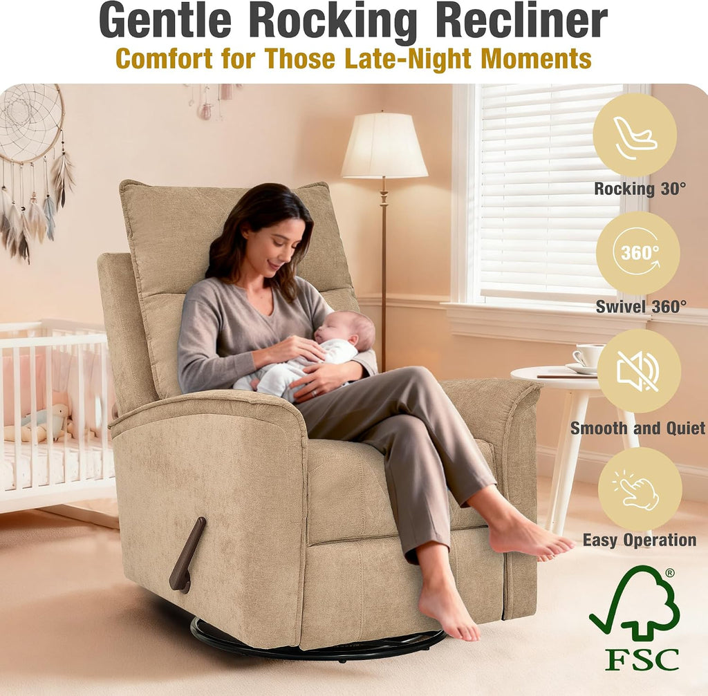 Swivel Rocker Recliner Chair for Adults, Rocking Chair, Small Swivel Recliner for Small Spaces, Living Room, Bedroom, RV(Khaki)