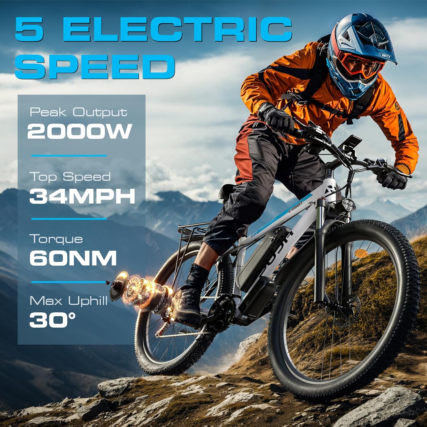 Electric Bike for Adults with Peak 2000W, Max 34 mph 30-80 Miles Commuting Electric Mountain Bike, 48V 17.5Ah Removable Battery 21-Speed Disc Brakes, 29' Tires and Front Suspension