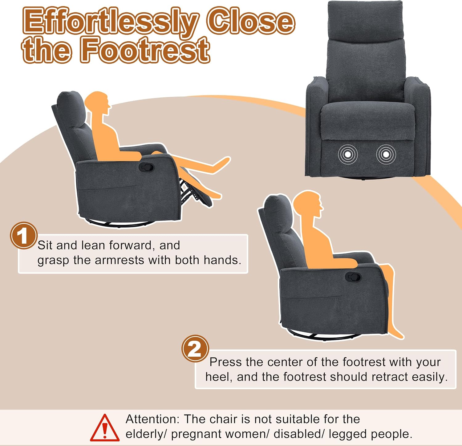Manual 360° Swivel Rocker Recliner Chair for Adults, Overstuffed Glider Chair for Nursery with Vibration Massage and Heat, Comfy Soft Fabric Glider with Side Pockets for Living Room, Dark Gray