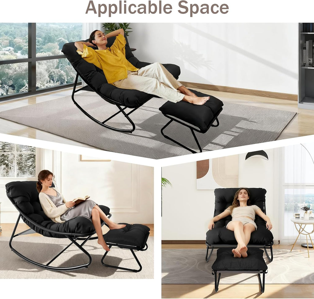 OPLukAS Rocking Chair with Foot Rest, Outside Rocking Chair, Comfy Rocking Chairs with Thick Cushion and Frame, Mecedora for Outside Porch Patio Backyard Balcony Bedroom Offices (Black)