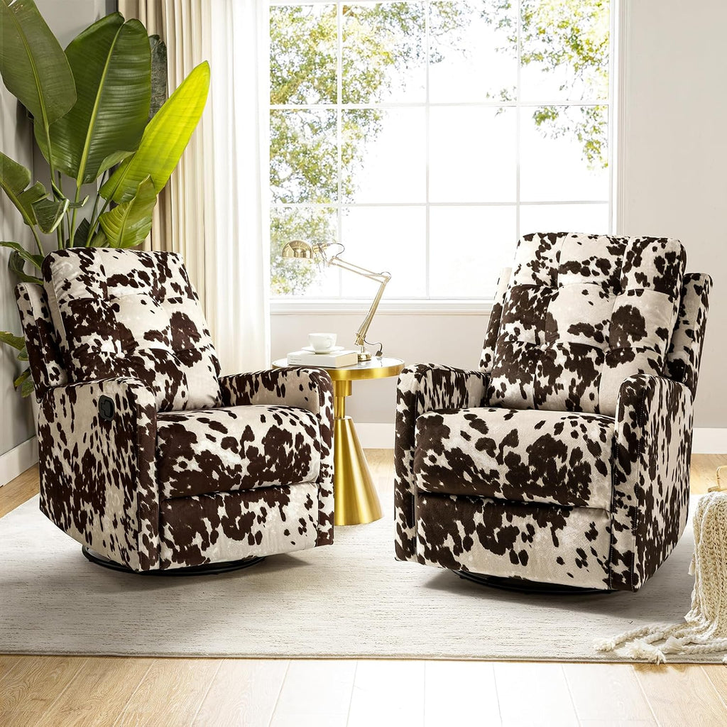 HULALA Home Recliner Chair Set of 2, Modern Printed Fabric for Living Room, Rocker Recliner Sofa Comfy Armchair 360 Degree Swivel, Nursery Rocking Chairs with Adjustable Backrest & Footrest/Brown