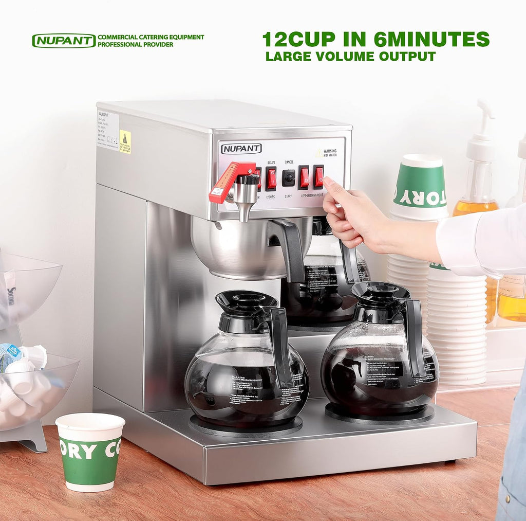 NUPANT 12 Cup Commercial Coffee Maker, Auto Filling Drip Coffee Maker Machine with 3 Glass Carafes 3 Warmers, Stainless Steel Pour Over Coffee Brewer with Hot Water Supply for Restaurant Office Cafe