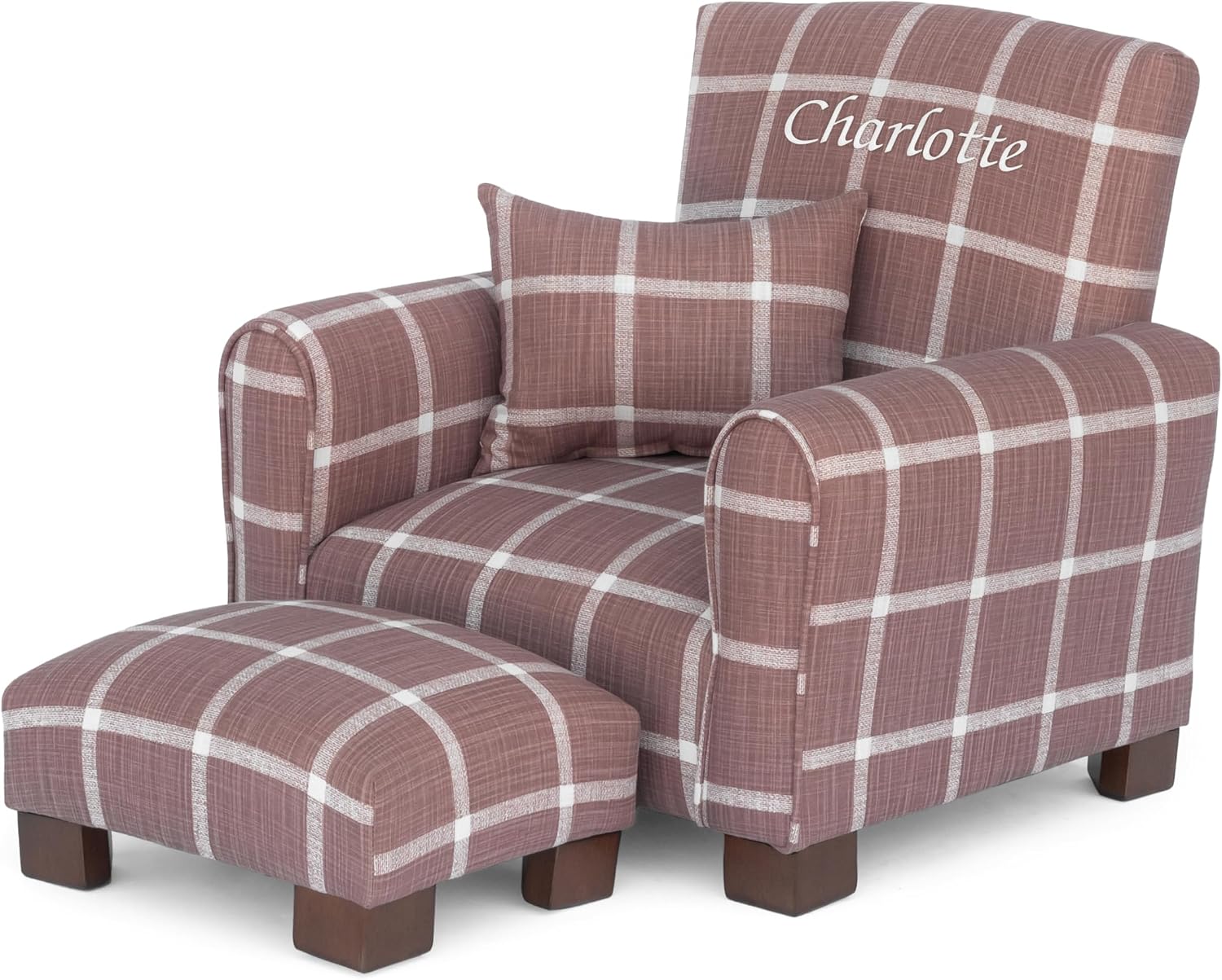 Toddler Personalized Armchair, Kids Upholstered Rocking Chair with Personalization, Toddler Chair with Personalized Name, Comfy Child Armchair (Legs, Rosewood Check Linen)